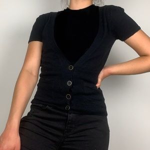 Pink Rose Black Short Slve V-Neck Button Cardigan